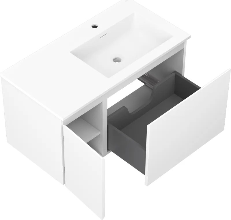 Mexen Orio, kúpeľňová skrinka 90 cm s pravým umývadlom Otis, 1S, 1D, biela matná, 91A13-09047-3-BBFF01-W18P01
