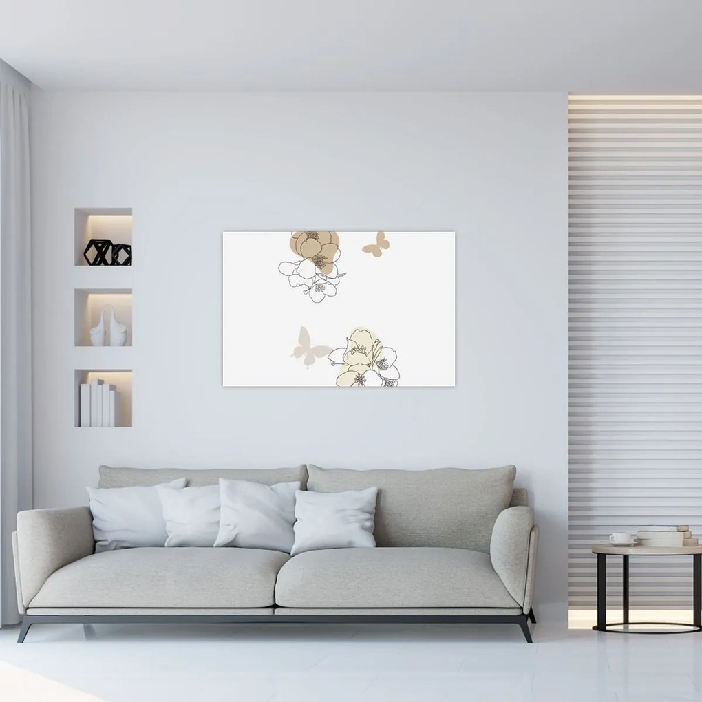 Obraz - Béžové kvety s motýľom N⁰2 (90x60 cm)