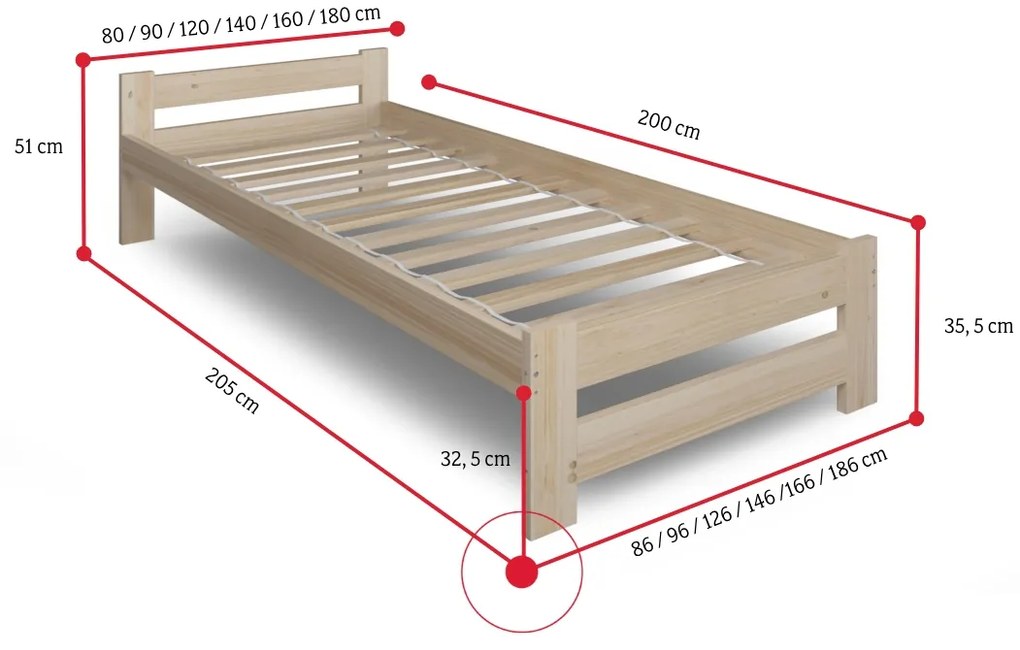 Posteľ z masívu HERA + pěnový matrac DE LUX 14 cm + rošt ZADARMO, 140x200, prírodný-lak