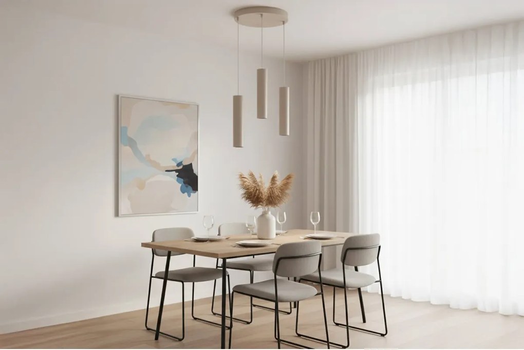 Závesné svietidlo Tuba, 3x béžové kovové tienidlo, o