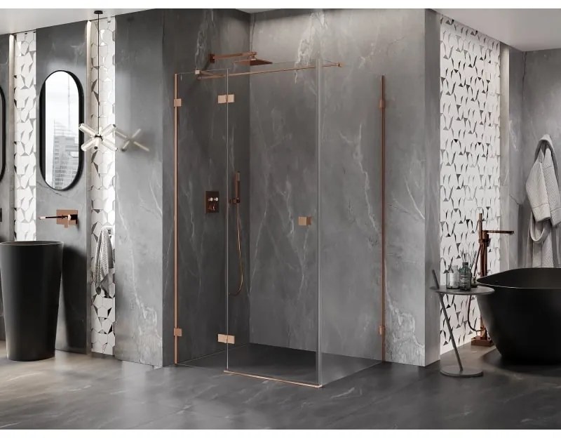 Mexen Lunar T, výklopný ľavý sprchový kút 125 x 100 cm, 8mm číre sklo, profil medená matná, 834T-125-100-65-00-L