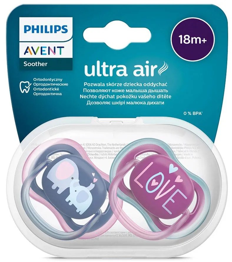 Dojčenský cumlík Ultra air  Avent + 18 mesiacov - 2 ks dievča slon, vel. 18+ m