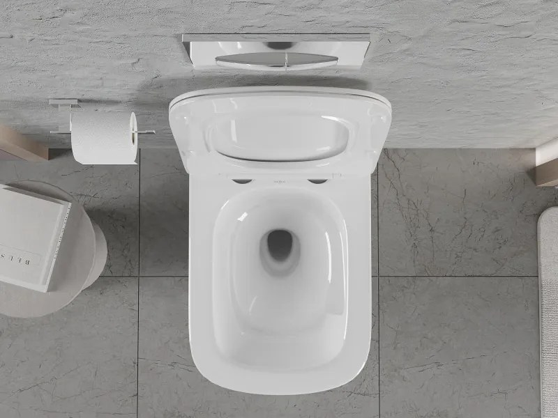 Mexen Riva, závesná WC misa 555x370x335 mm, Rimless Tornádo + WC sedadlo z duroplastu, biela lesklá, 30630200T