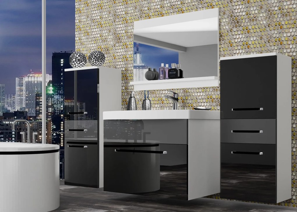 Kúpeľňový nábytok Belini čierny lesk / šedý lesk + umývadlo + zrkadlo ROD P 4/0/W/BS/0/ZW