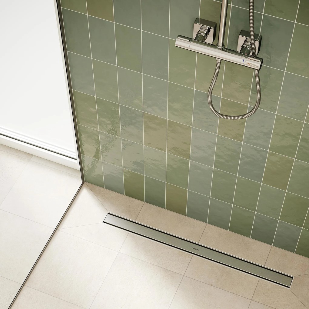 Hansgrohe RainDrain Compact, úplná sada sprchového žľabu 900 pre plochú inštaláciu, kartáčovaná nerezová oceľ, HAN-56168800