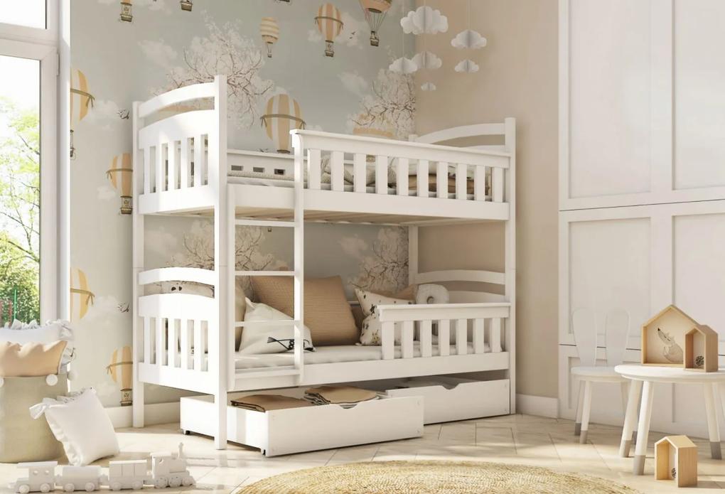 MAXMAX Detská poschodová posteľ z masívu borovice HENRY so zásuvkami 200x90 cm - biela