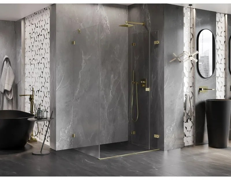 Mexen Lunar-F, 1-krídlový sprchový kút so skladacími dverami, pravý, 85 x 70 cm, 8mm číre sklo, zlatý matný profil, 836-085-070-55-00-P