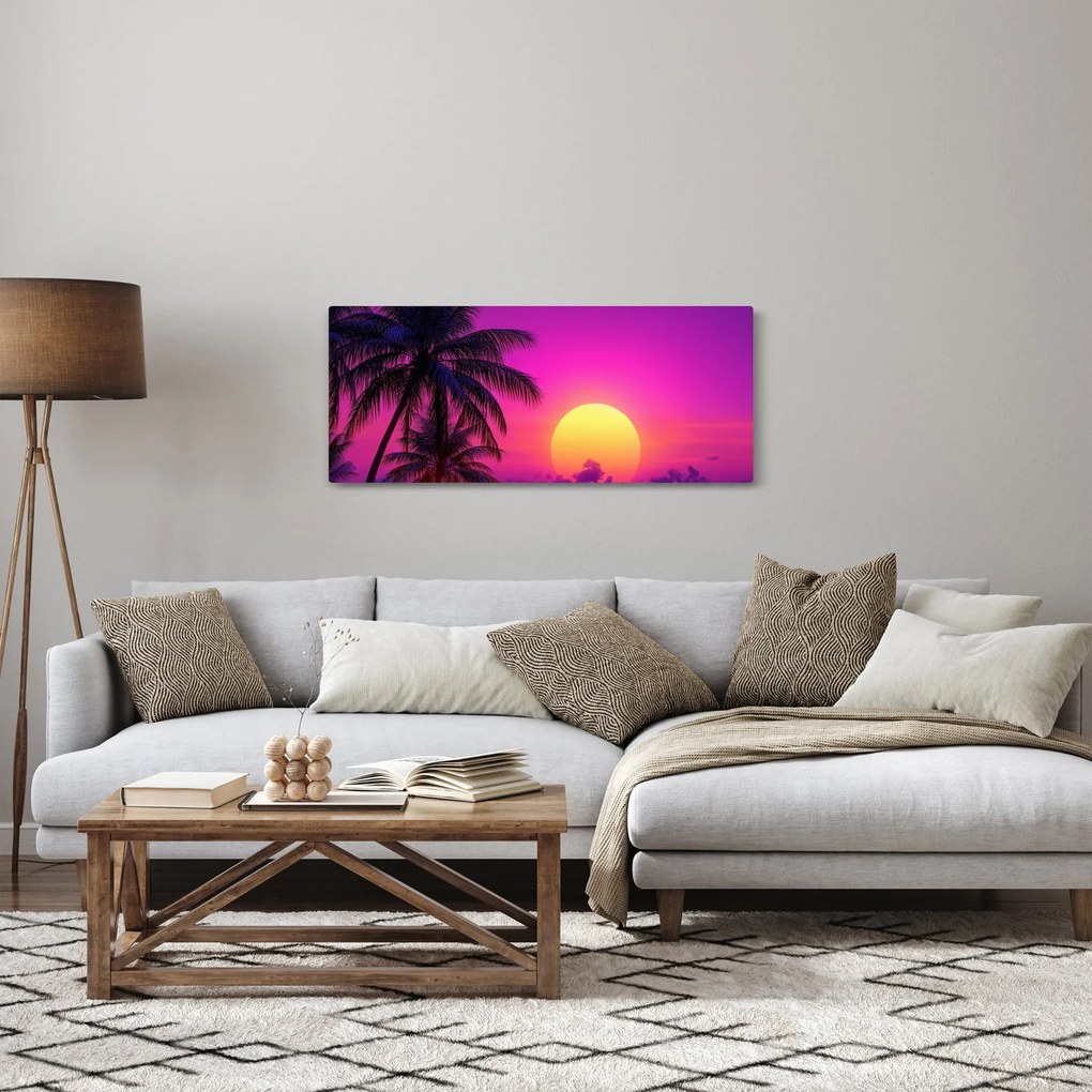 Obraz - Fialový západ s palmou (120x50 cm)