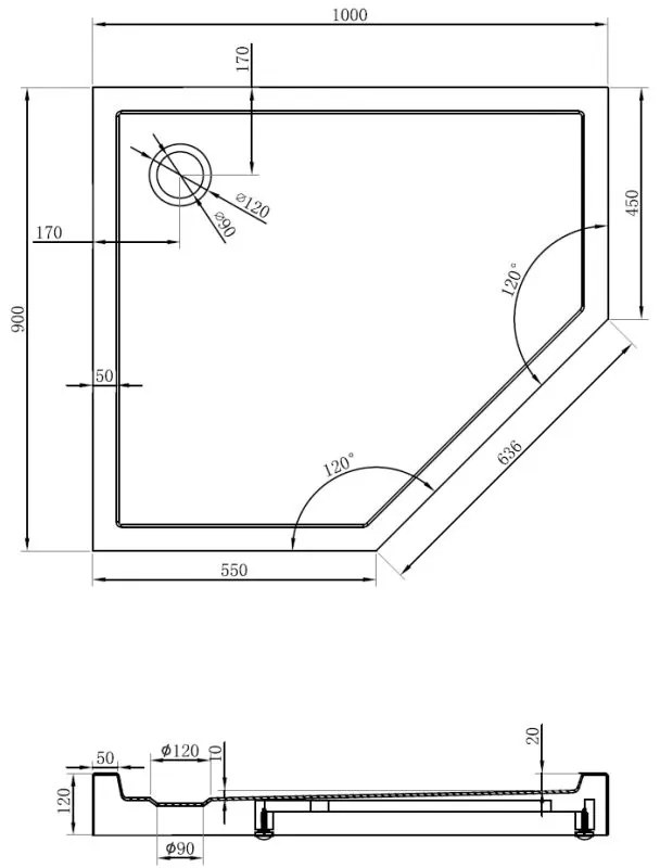 Mexen Flow+, päťuholníková sprchová vanička, ľavá, 100 x 90 cm, čierna matná, 46P709010LH