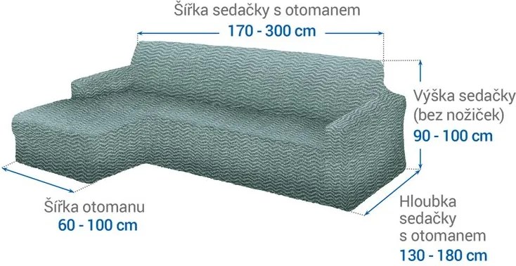 Bielastické poťahy CRISTINA mätová sedačka s otomanom vľavo (š. 170 - 300 cm)