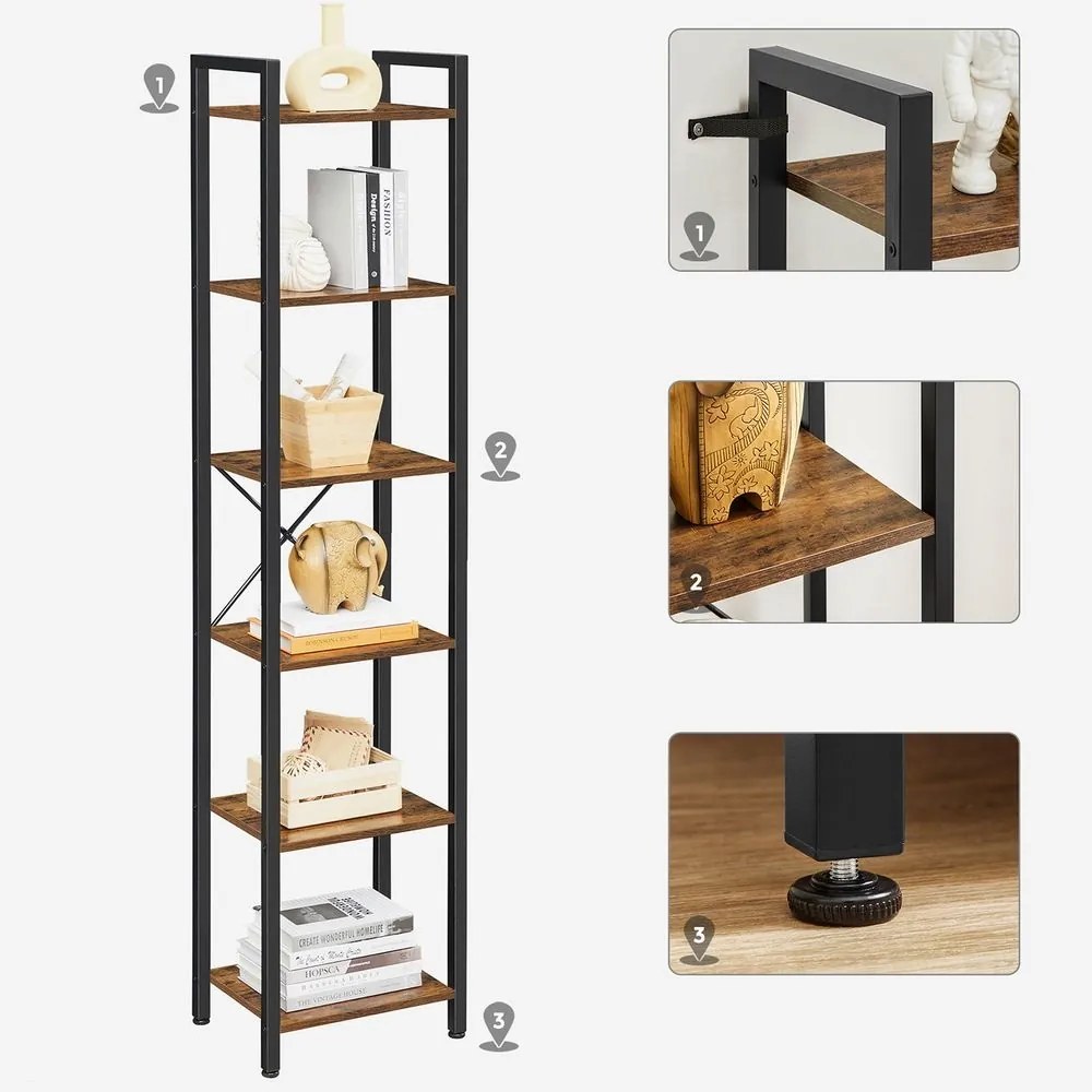 SongmicsHome Policový regál na knihy NOEL, 40x30x187,5cm, čierna/hnedá