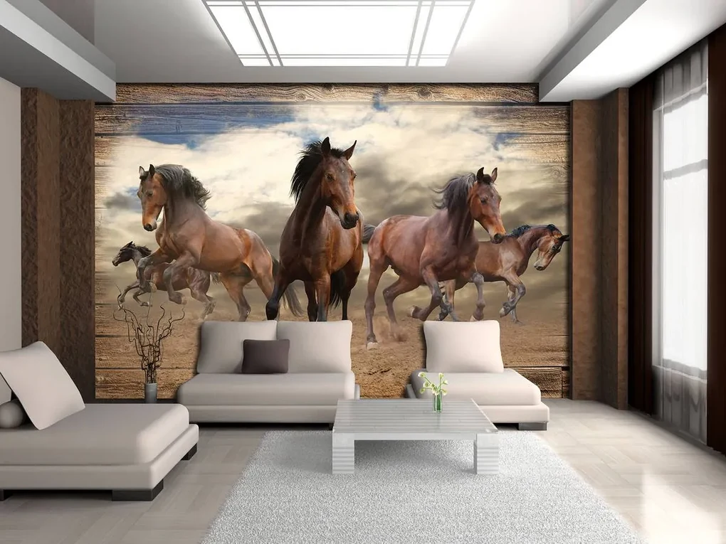 Fototapeta - Cval koňa na drevených doskách (254x184 cm)