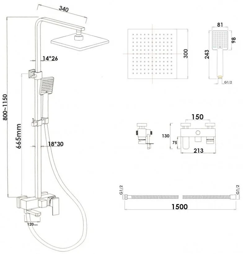 Sprchová súprava KABE s výtokom do vane - chrómová - hlavica 30x30 cm