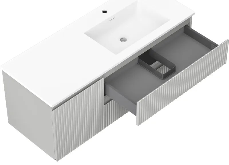 Mexen Rivel, kúpeľňová skrinka 120 cm s pravým umývadlom Otis, 2S, 1D, drážkovaná, šedá/biela matná, 91A23-12047-3-BBFFF62-W18P01