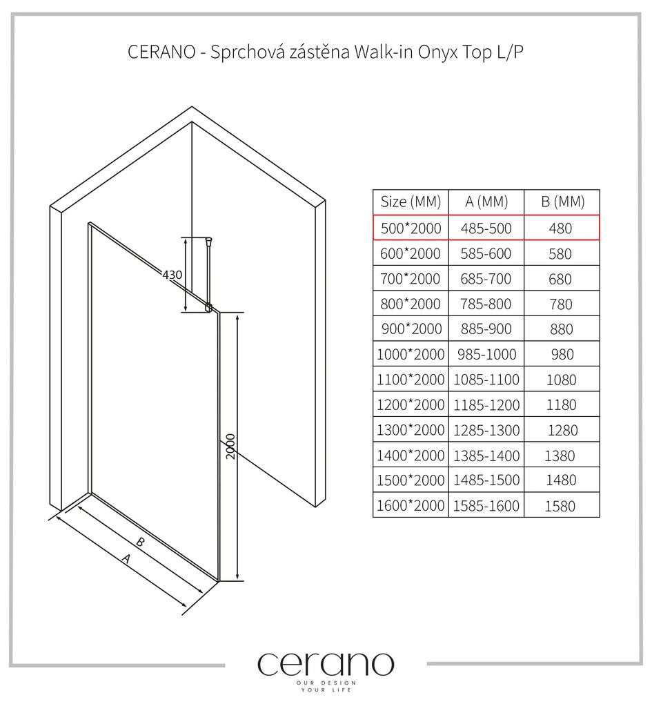 CERANO - Sprchová zástena Walk-in Onyx Top L/P - guľatá vzpera - biela matná, ryhované sklo - 50x200 cm, CER-CER-8050BD1564