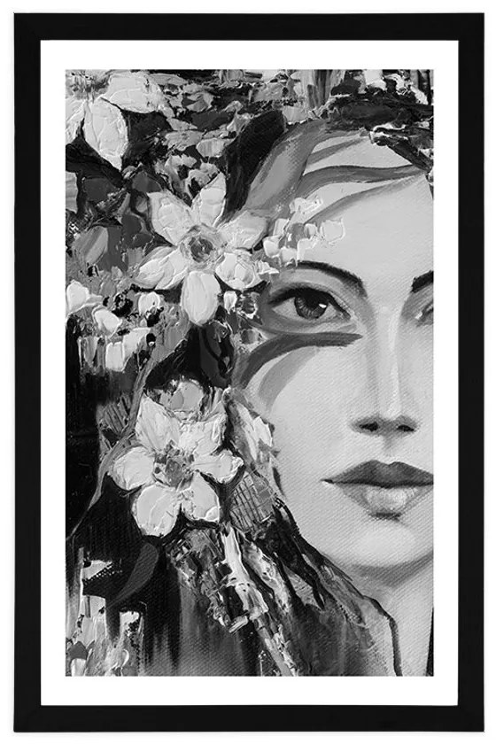 Plagát s paspartou originálna maľba ženy v čiernobielom prevedení - 40x60 white