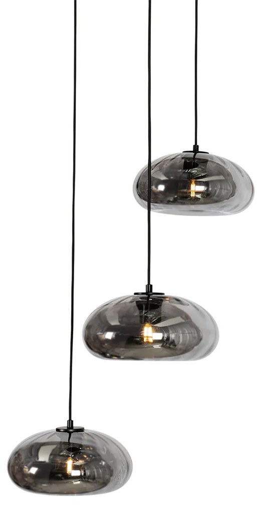 Závesné svietidlo Art Deco čierne s dymovým sklom okrúhle 3-svetlo - Ayesha