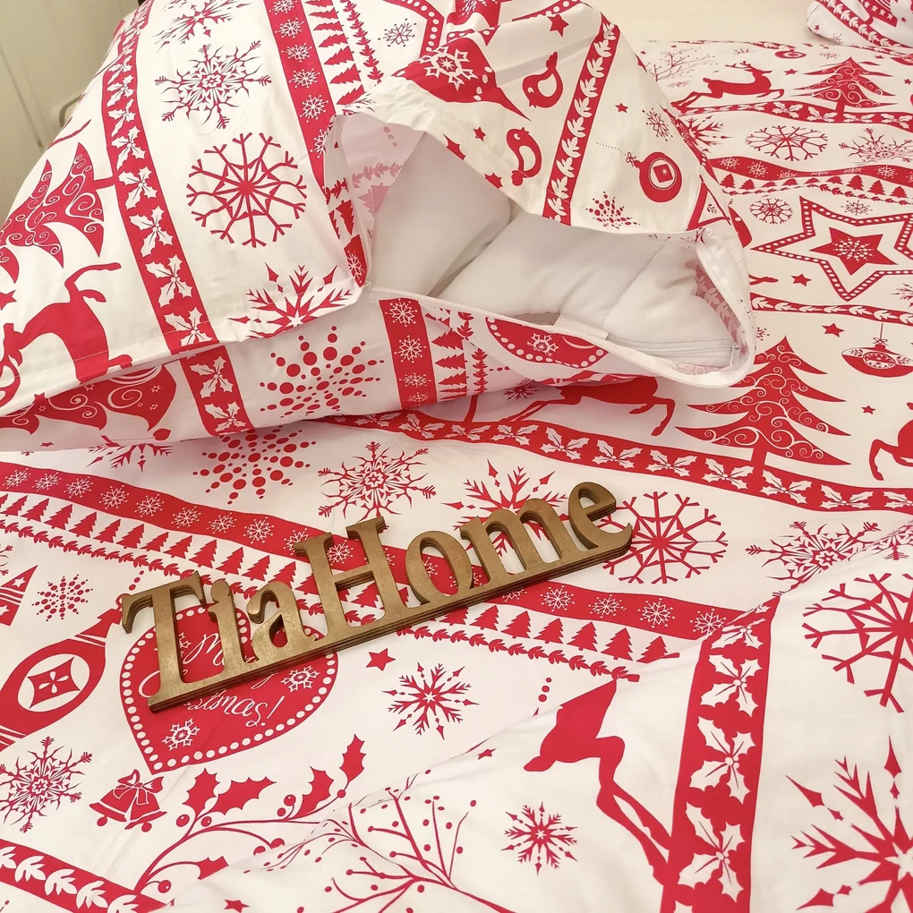 Obliečky bavlnené Vianočné obliečky Christmas červené TiaHome - 1x Vankúš 90x70cm, 1x Paplón 140x200cm