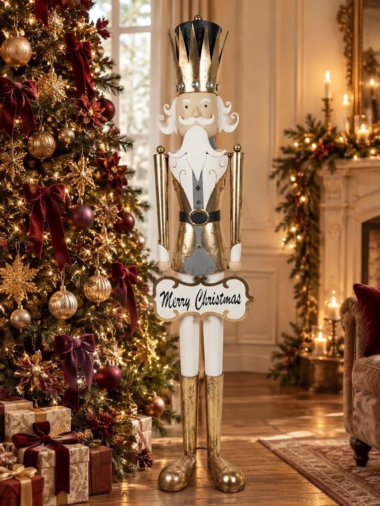 Zlatá kovová dekorácia socha Luskáčik Merry Christmas - 27*28*165 cm