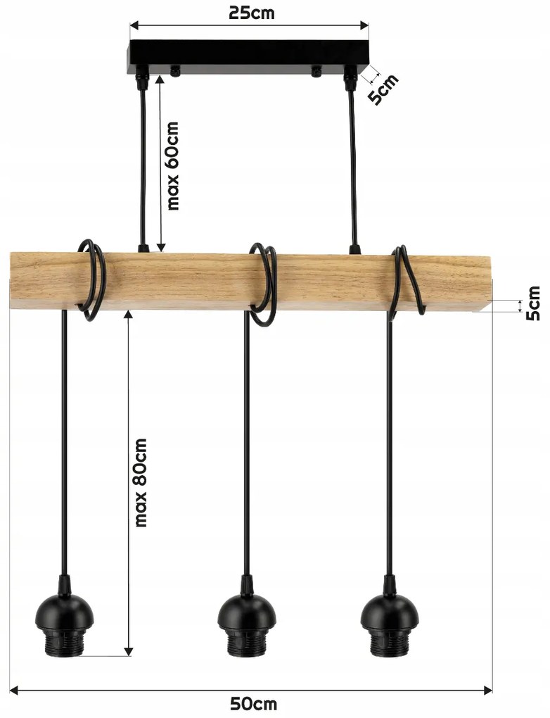 BERGE Závesné stropné svietidlo LED drevený trámový 3xE27 loft sklenené pásy