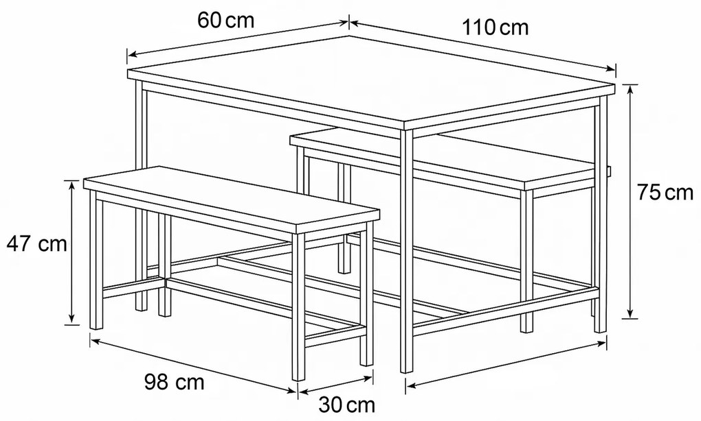 Jedálenský set s 2 lavicami OLD WOOD , 110 x 60 x75 cm