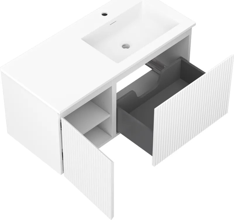 Mexen Rivel, kúpeľňová skrinka 100 cm s pravým umývadlom Otis, 1S, 1D, drážkovaná, biela matná, 91A23-10047-3-BBFF01-W18P01