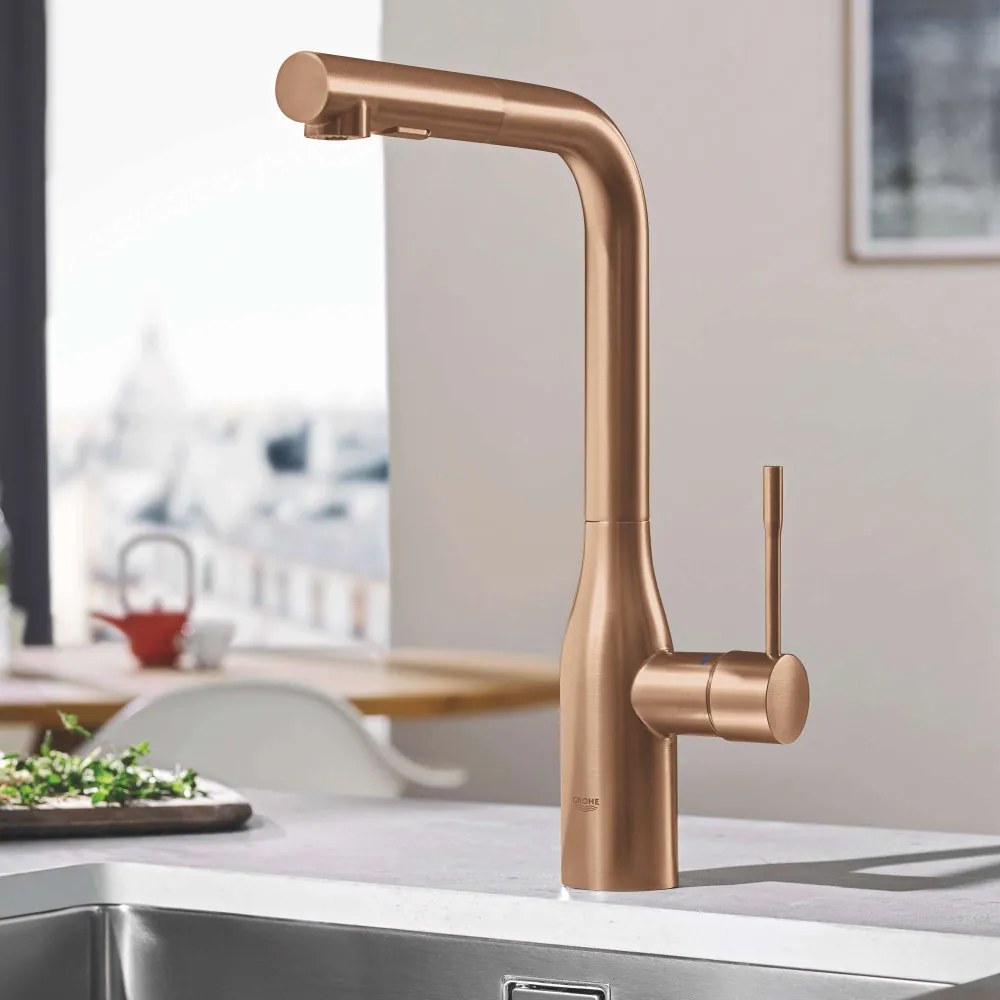 GROHE Essence páková drezová batéria s vyťažiteľnou sprškou s prepínaním, 2jet, výška výtoku 315 mm, kartáčovaný Warm Sunset, 30270DL0