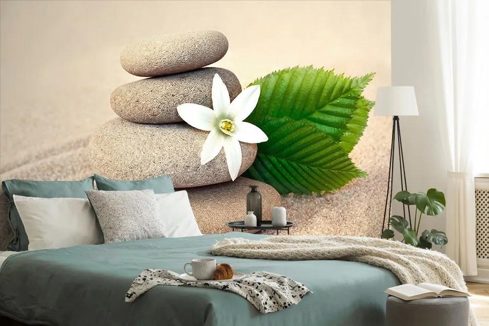 Samolepiaca fototapeta biely kvet a kamene v piesku - 225x150