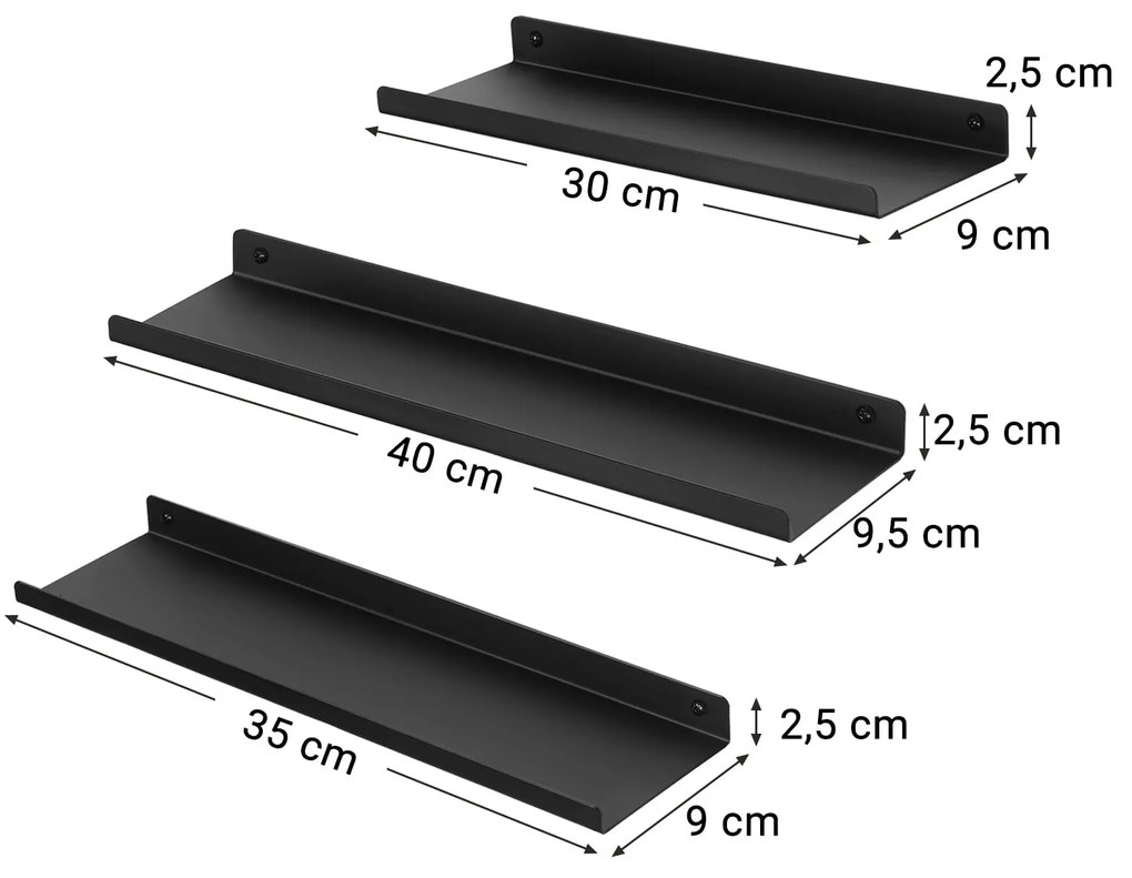 Dekorstudio Set 3ks čiernych kovových nástenných políc - LFS12BK