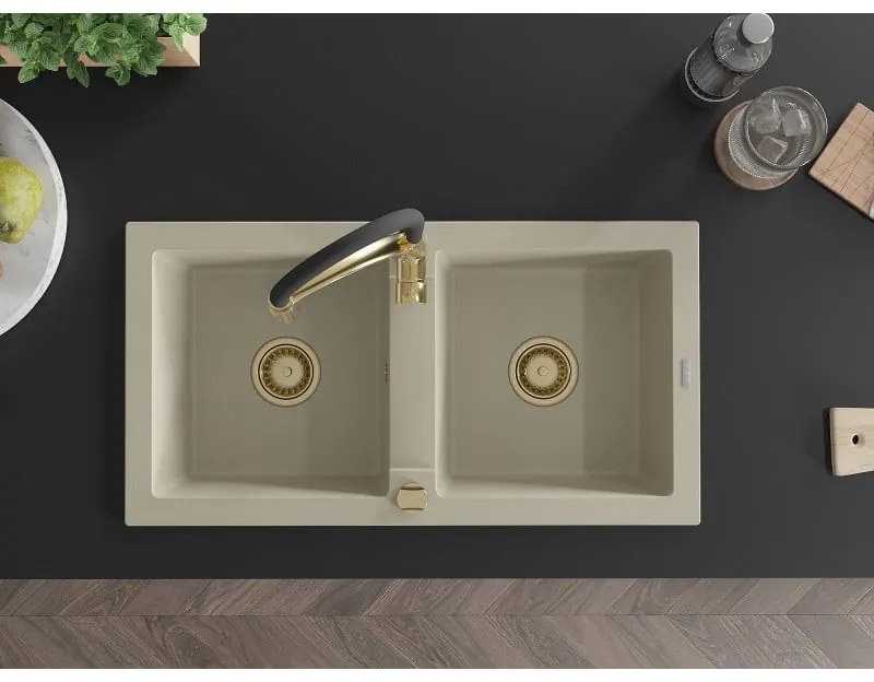 Mexen Mario, granitový drez 820x436x161 mm, 2-komorový a drezová batéria Aster, béžová, 6504-69-73450-57-G