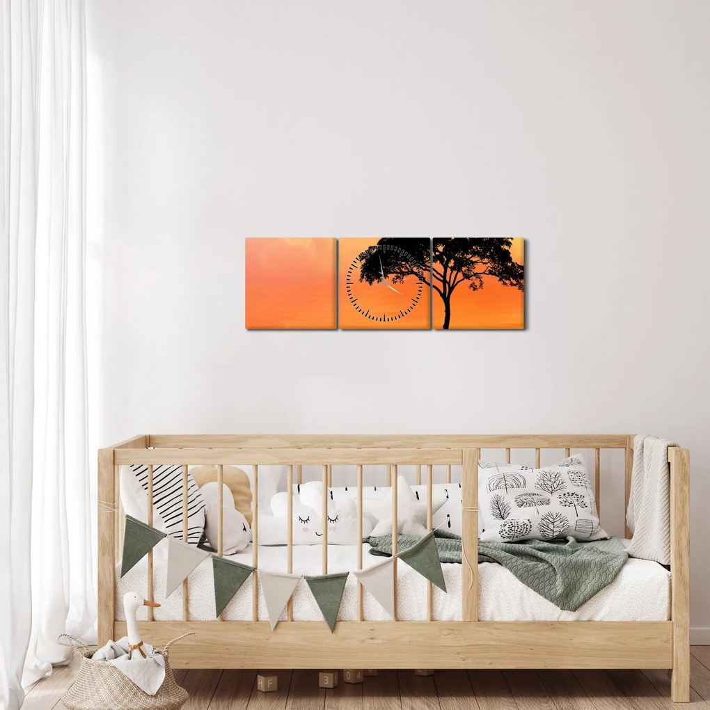Obraz stromu pri západe slnka (s hodinami) (90x30 cm)
