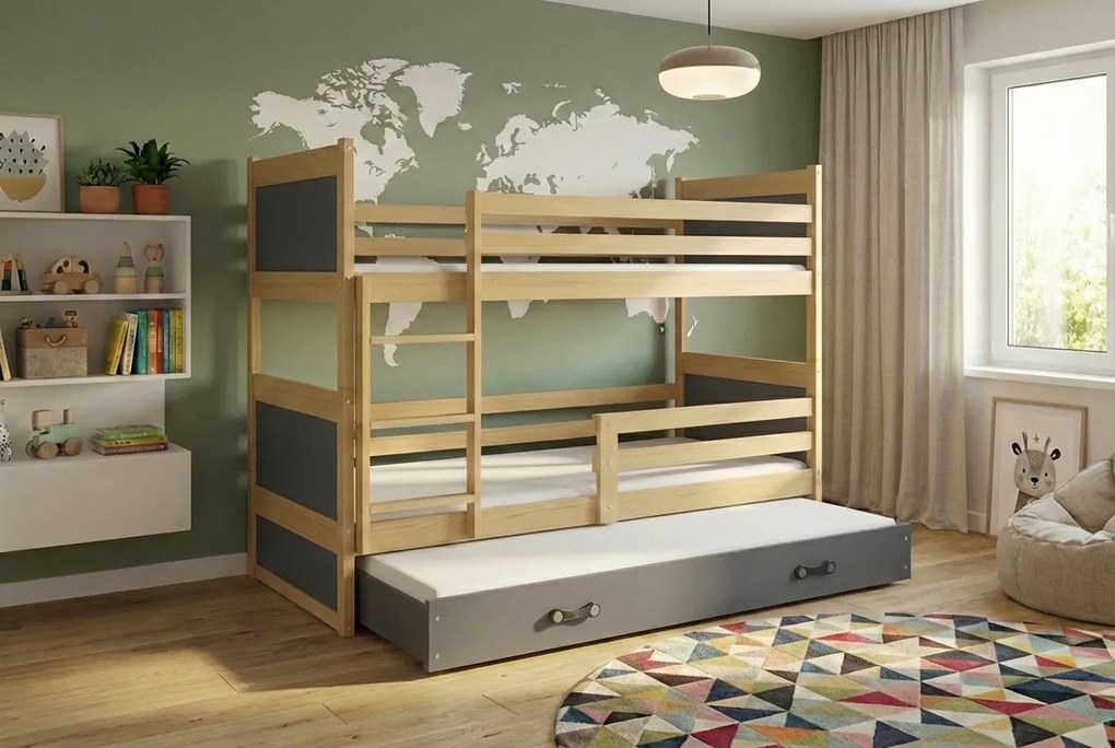 Poschodová posteľ s prístelkou RICO 3 190x90 Borovica - Grafitová