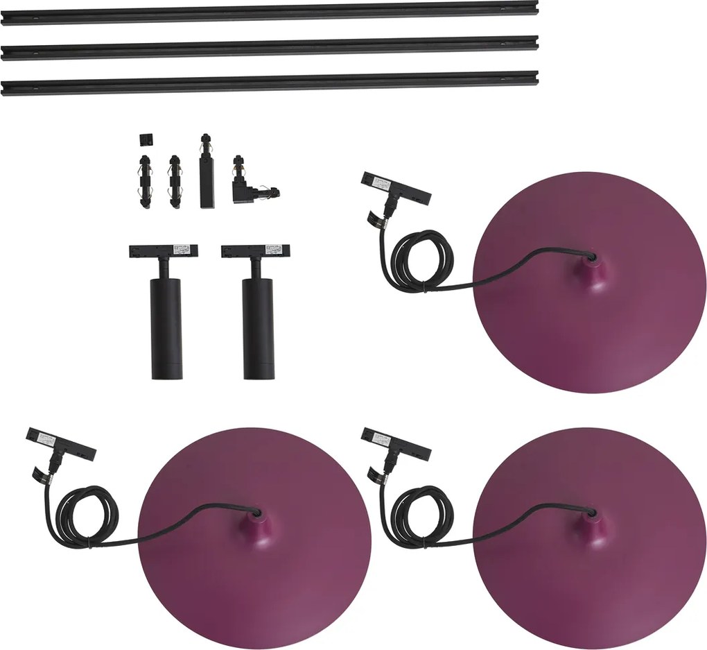 Moderný koľajnicový systém čierny s 2 reflektormi a 3 závesnými svietidlami fialový 1-fázový - Slimline Uzzy Panzi