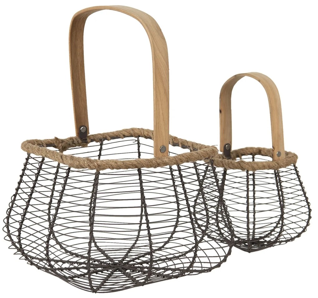 2ks drôtených košíkov s dreveným uchom - 23*16*16 / 13*10*12 cm