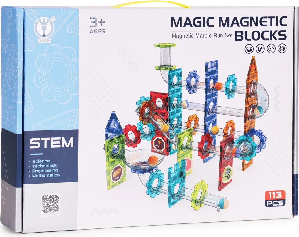 MULTISTORE Magnetické kocky 113 dielov s LED guličkovou dráhou – 3D stavebnica pre deti 3+