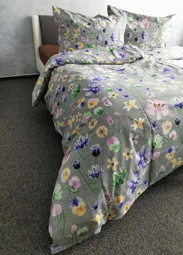 Obliečky bavlnené Poľné kvety sivé TiaHome - 1x Vankúš 90x70cm, 1x Paplón 140x200cm