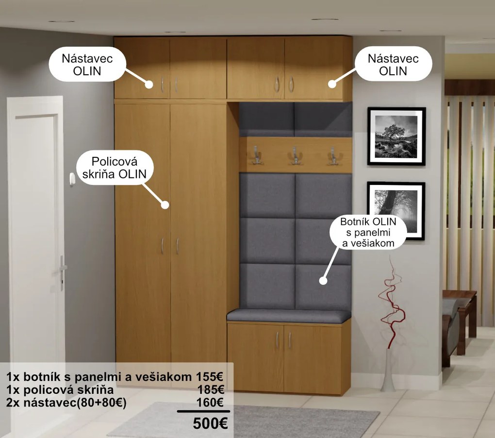 Nabytekmorava predsieňová zostava OLIN dekor lamina: DUB SONOMA SVETLÝ, farebné čalúnenie: Savana šedá, predsieňový diel + farebné prevedenie: Skriňa, botník s panelmi a vešiakom a 2x nadstavec