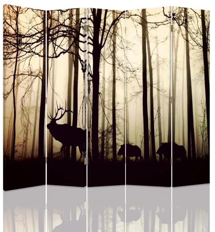 Ozdobný paraván Jelen v lese Fog Brown - 180x170 cm, päťdielny, klasický paraván