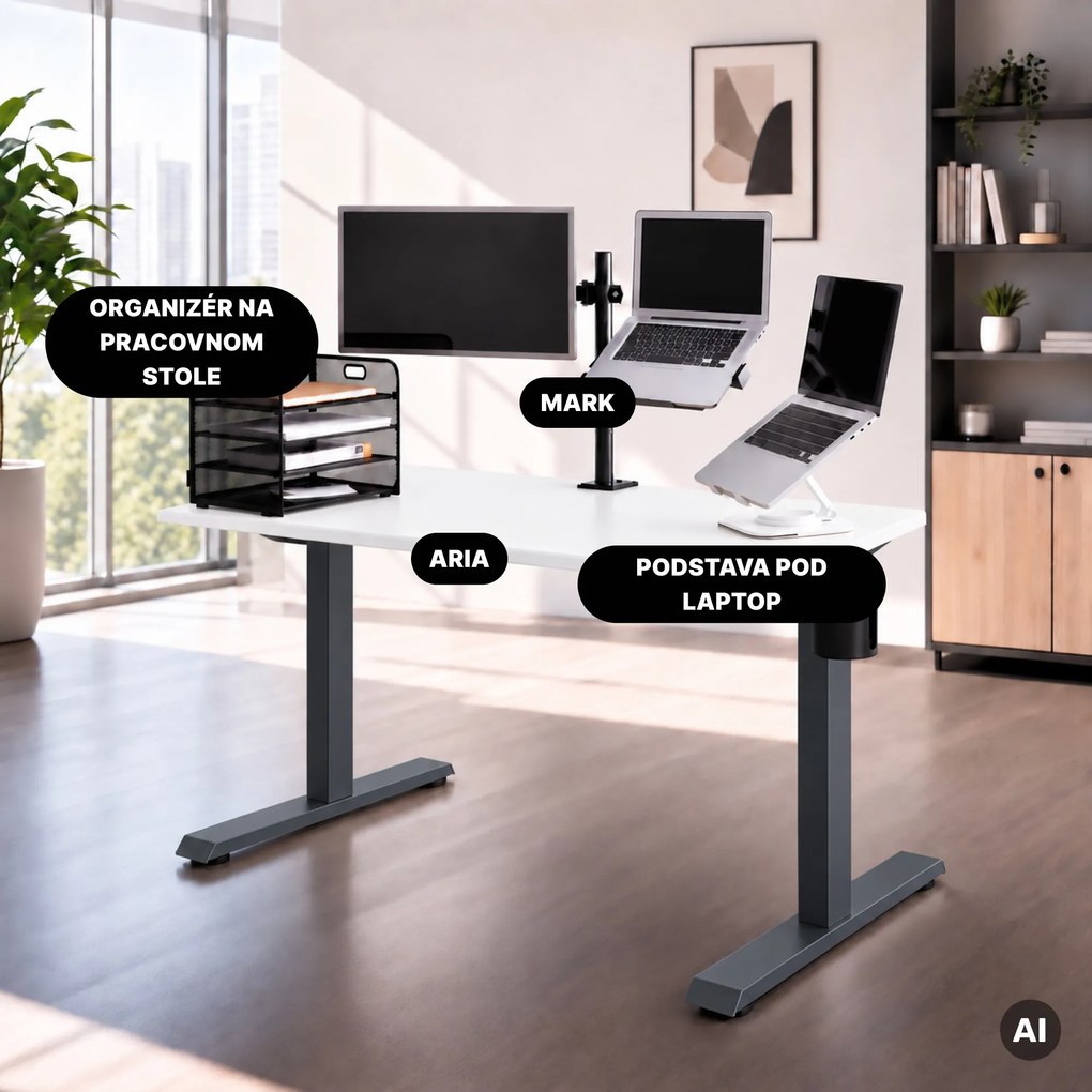 Elektrický stôl s nastavením výšky ergonomický antracitovo-bieli, 1200x600 mm: ARIA