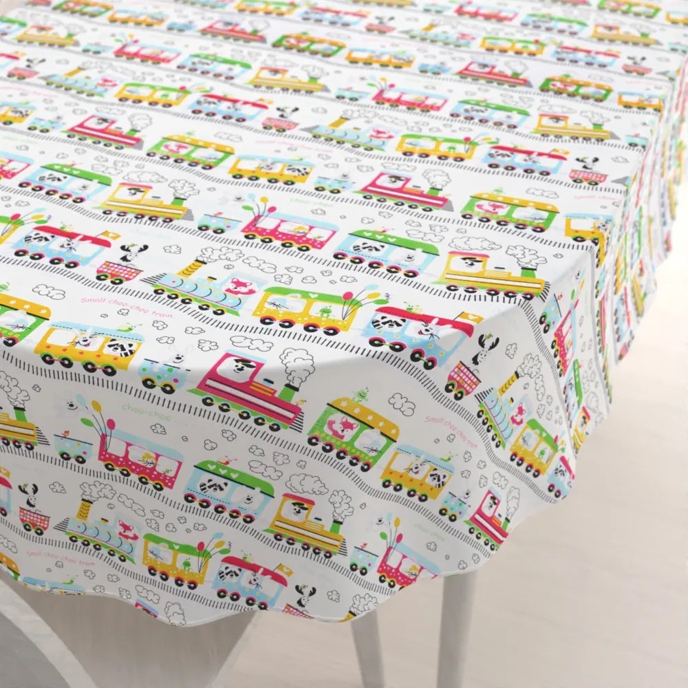 Biante Detský bavlnený oválny obrus Sandra SA-328 Vláčik so zvieratkami na bielom 140x220 cm