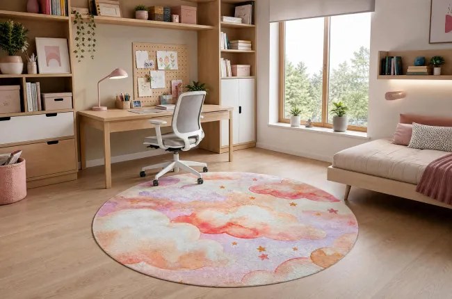 Detský koberec protišmykový BAMBINO 61510 krémový / ružový kruh