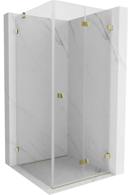 Mexen Lunar-F, 1-krídlový sprchový kút so skladacími dverami, pravý, 90 x 90 cm, 8mm číre sklo, zlatý lesklý profil, 836-090-090-50-00-P