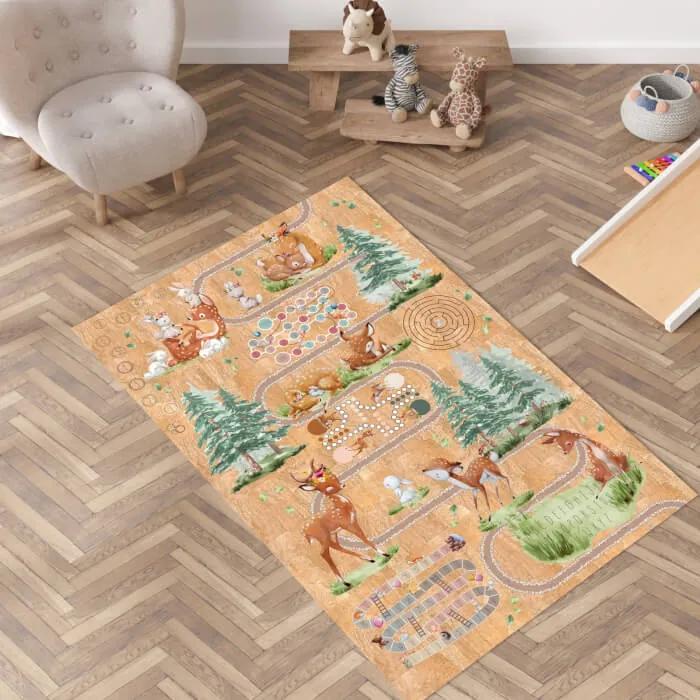 Veľký detský koberec z korku so srnkami a detskými hrami