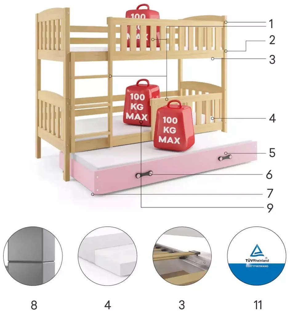Poschodová posteľ s prístelkou KUBO 3 200x90 borovica - ružová