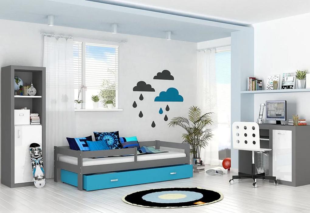 Detská posteľ HUGO s farebnou zásuvkou+matrac, 180x80, sivá/modrá