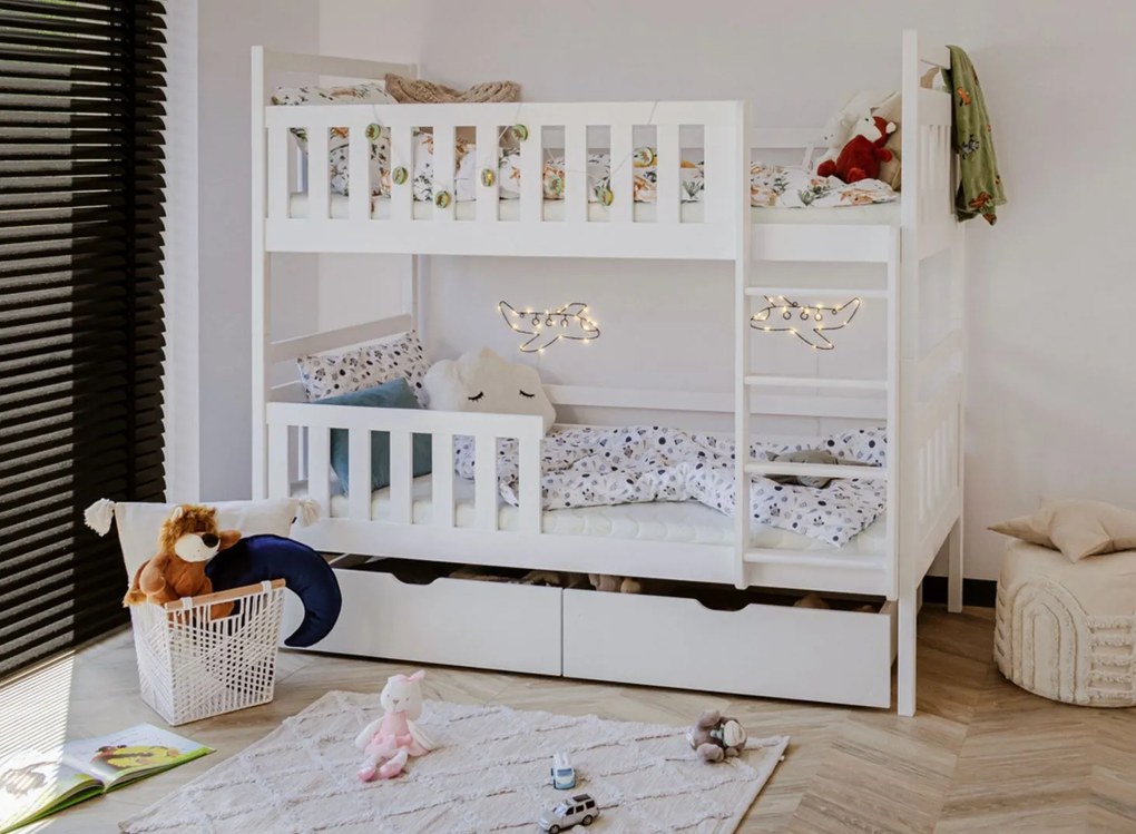 Detská poschodová posteľ z masívu MARIE so šuplíkmi 200x90 cm - biela