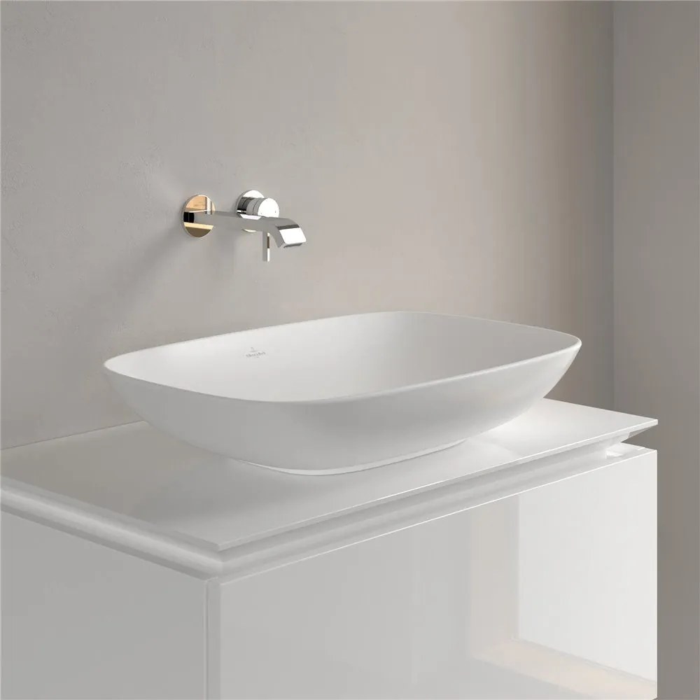 VILLEROY &amp; BOCH Loop &amp; Friends obdĺžnikové umývadlo na dosku bez otvoru, s prepadom, 620 x 420 mm, Stone White, s povrchom CeramicPlus, 4A5000RW