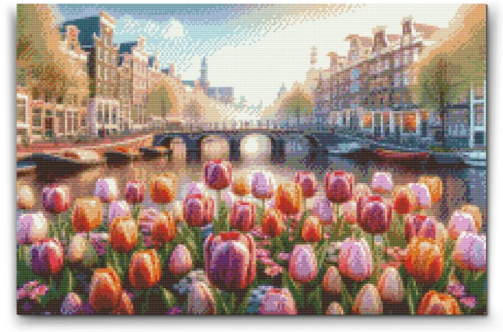 Gario Diamantové maľovanie Tulipány s výhľadom na most Rozmery: 60 x 80 cm, Rámovanie: S vnútorným rámom, Diamanty: Okrúhle