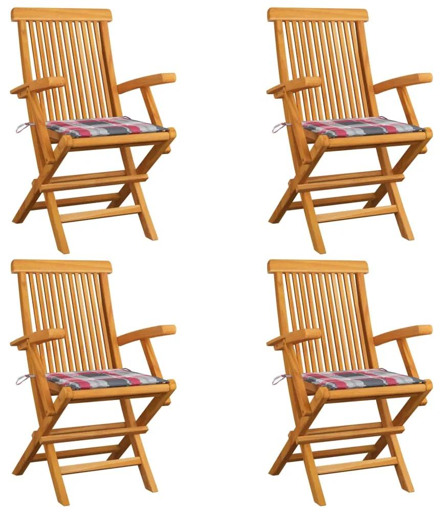 Záhradné stoličky+červené kockované podložky 4 ks, tíkový masív 3065630