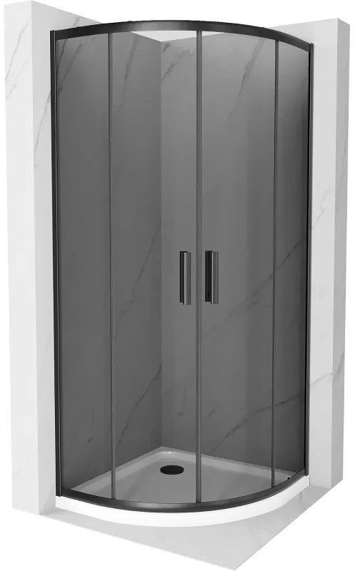 Mexen Rio, štvrťkruhový sprchovací kút s posuvnými dverami 80(dvere) x 80(dvere) x 190 cm, 6mm šedé sklo, čierny profil + biela sprchová vanička SLIM, 863-080-080-70-40-4110B